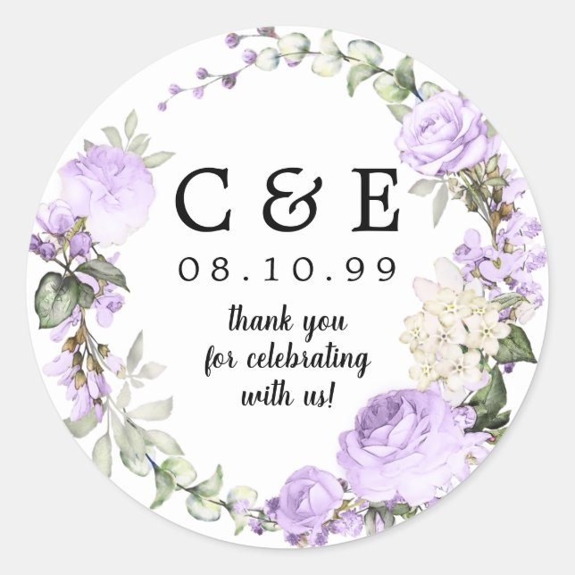 Adesivo Casamento Floral Purple Monogramas Obrigado (Frente)
