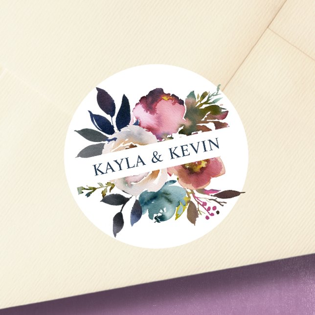 Adesivo Casamento Floral Rosa Azul com Moleiro Dusty (Watercolor Dusty Mauve Rose Blue Floral Wedding Classic Round Sticker)