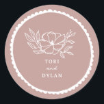 Adesivo Casamento Floral Rosa Escaloado<br><div class="desc">Ilustração de flor de arte de linha branca com texto branco e borda redimensionada à mão sobre fundo rosa.</div>