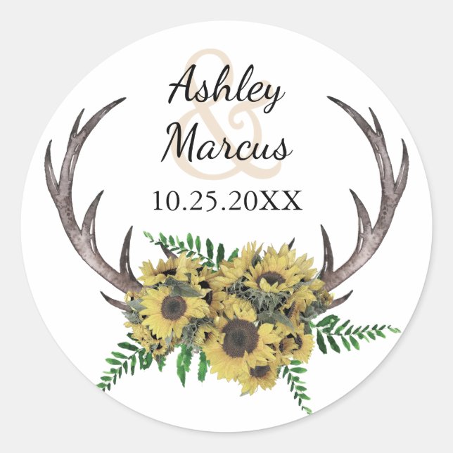 Adesivo Casamento Floral Rustic Antlers Boho Sunflower (Frente)