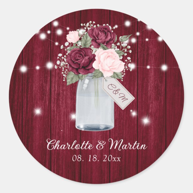 Adesivo Casamento Floral Rustic Burgundy Blush Monograma (Frente)