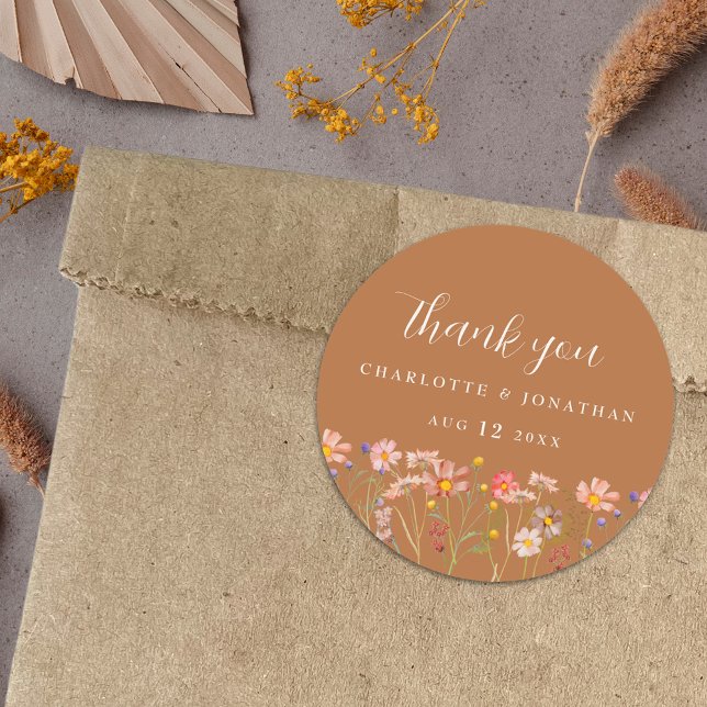 Adesivo Casamento Floral Rústico de Outono Boho (Terracotta burnt orange Boho fall Wildflower custom Wedding thank you favor stickers)