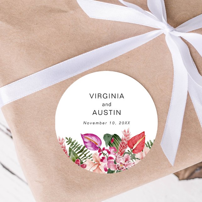 Adesivo Casamento Floral Tropical (Tropical Floral Wedding Classic Round Sticker by Painted Paperie
)