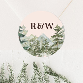 Adesivo Casamento Floresta Montanha Aquarela Rústica Monog