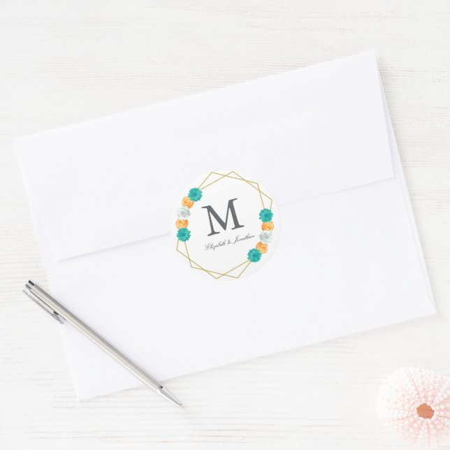 Adesivo Casamento Geométrico Laranja Teal Floral (Envelope)