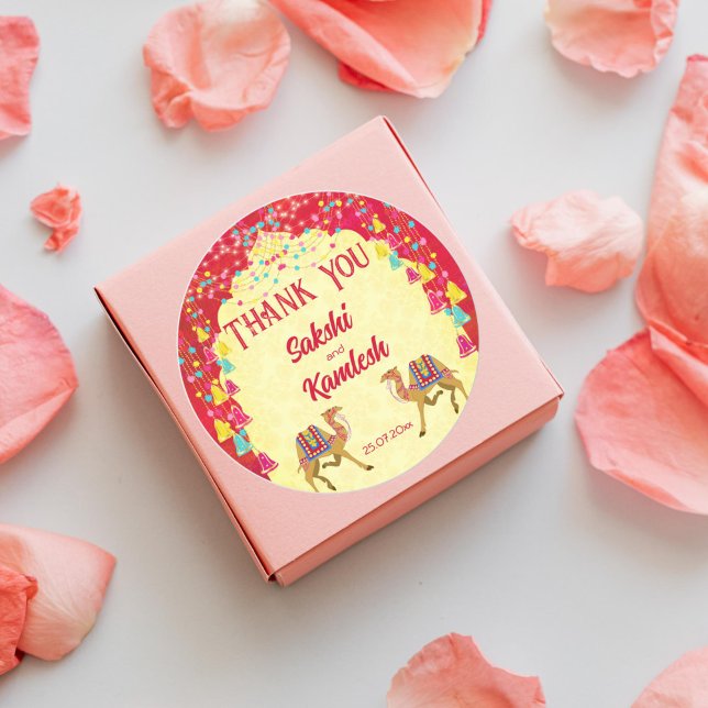 Adesivo Casamento índio Rajasthani camela um favor colorid (Indian wedding thank you favor gift stickers cerise pink yellow arch frame Rajasthani wedding camels)