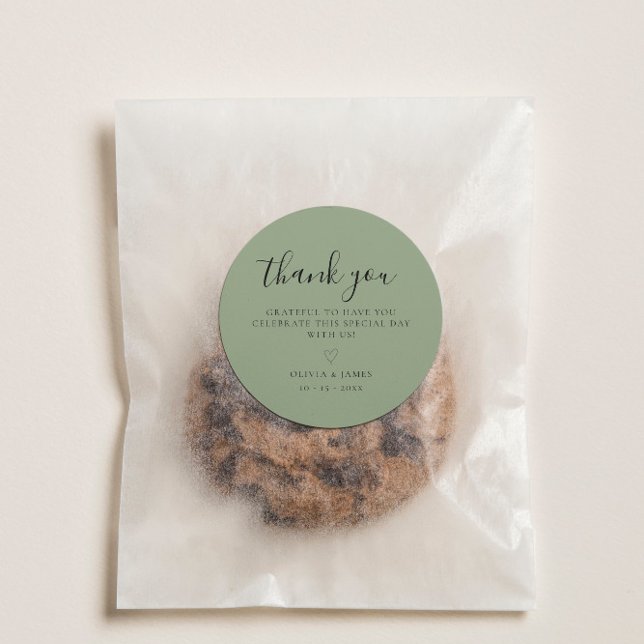 Adesivo Casamento Minimalista Verde Simples Obrigado (Simple Sage Green Minimalist Wedding Thank You Classic Round Sticker)