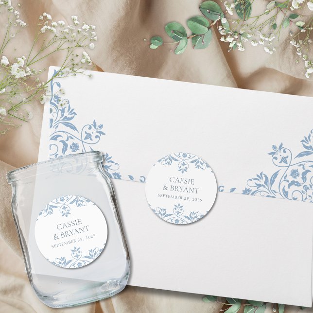 Adesivo Casamento Mínimo Elegante Azul e Branco (Elegant blue and white wedding stickers with bride and groom name plus event date for formal wedding)