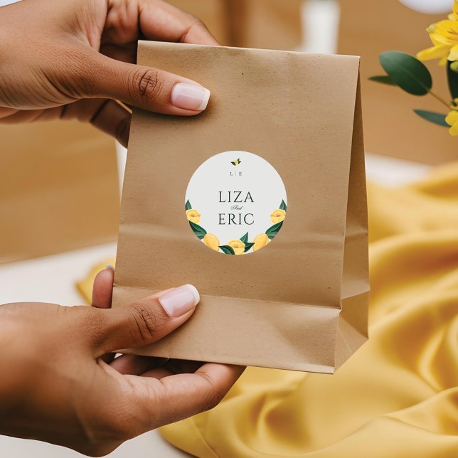 Adesivo Casamento Mínimo Elegante da Árvore Floral do Lemo (Lemon Blossom Floral Tree Elegant Minimal Wedding Classic Round Sticker)