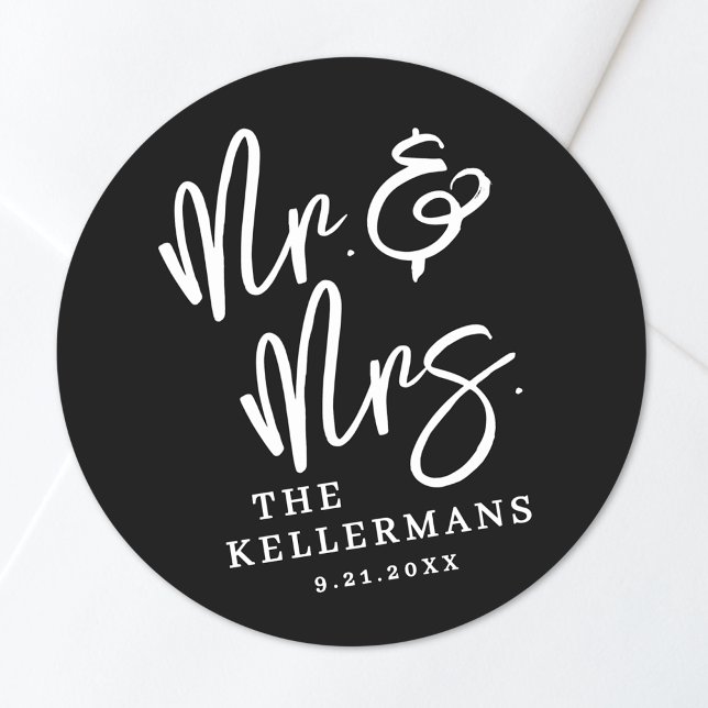 Adesivo Casamento Moderno Preto (Black Modern Wedding Classic Round Sticker)