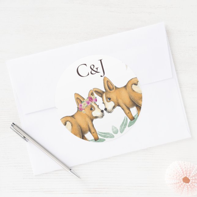 Adesivo Casamento Monograma de Dois Cães Corgi (Envelope)