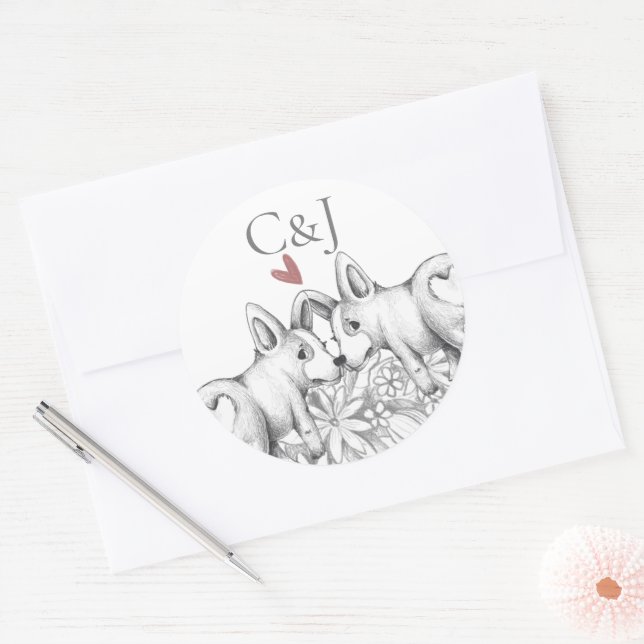 Adesivo Casamento Monograma de Dois Cães Corgi (Envelope)