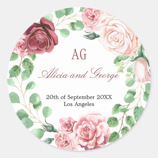 Adesivo Casamento Monograma de Rosas de Blush Burgundy (Frente)
