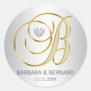 Adesivo Casamento Monogrammed Dourado de prata elegante
