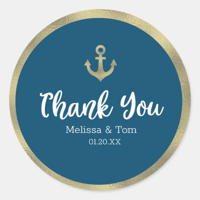Adesivo Casamento Náutico Blue Faux Foil Anchor Obrigado (Frente)