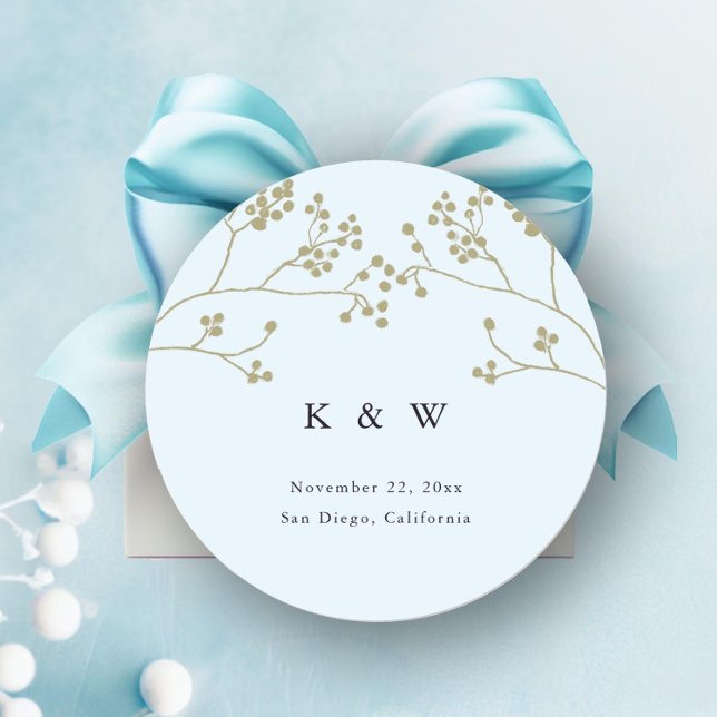 Adesivo Casamento no inverno Chic Azul Elegante Azul Verde (winter greenery wedding sticker favors envelope seals elegant modern classic ice blue gold monograms)