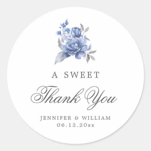 Adesivo Casamento Obrigado Doce Azul Empoeirado Floral Rús (Frente)