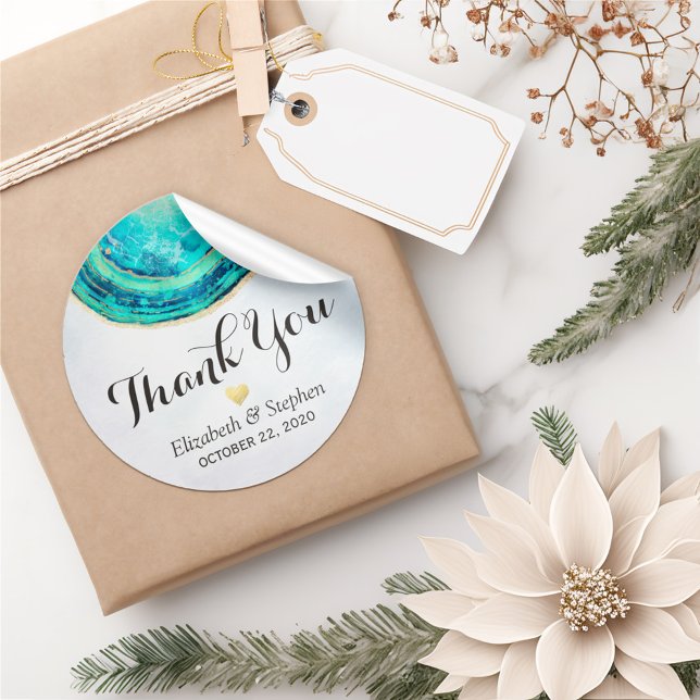 Adesivo Casamento Obrigado Watercolor Teal Dourado Agate G (Criador carregado)