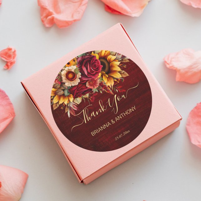 Adesivo Casamento outono burguns rosas girassóis obrigado  (Criador carregado)