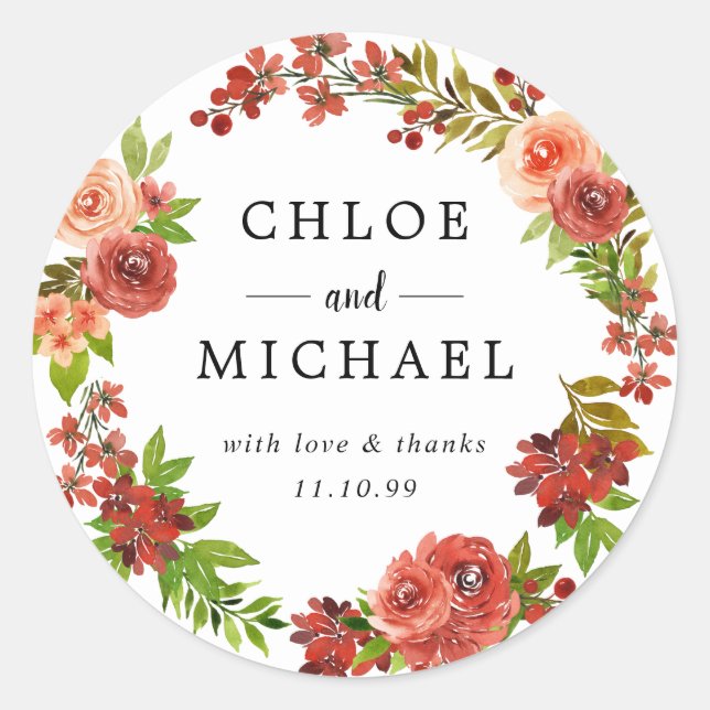 Adesivo Casamento outono Vermelho e Rosa Obrigado Favor Fo (Frente)