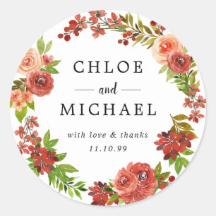 Adesivo Casamento outono Vermelho e Rosa Obrigado Favor Se