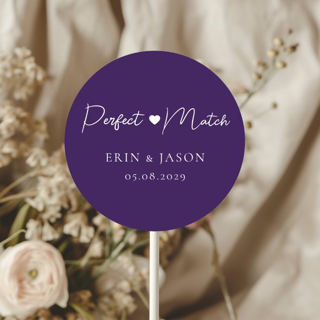 Adesivo Casamento perfeito! Roxo, simples, elegante (Perfect Match! Purple, Elegant, Simple, Heart, Classic, Round, Wedding Sticker.)