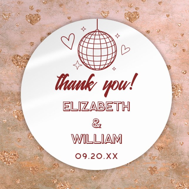 Adesivo Casamento Red Retro Disco Groovy 70s Obrigado (Red Retro Disco Groovy 70s Wedding Thank You Classic Round Sticker)