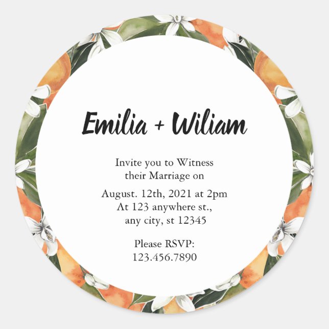 Adesivo Casamento Romântico de Laranjas Citrinas (Frente)