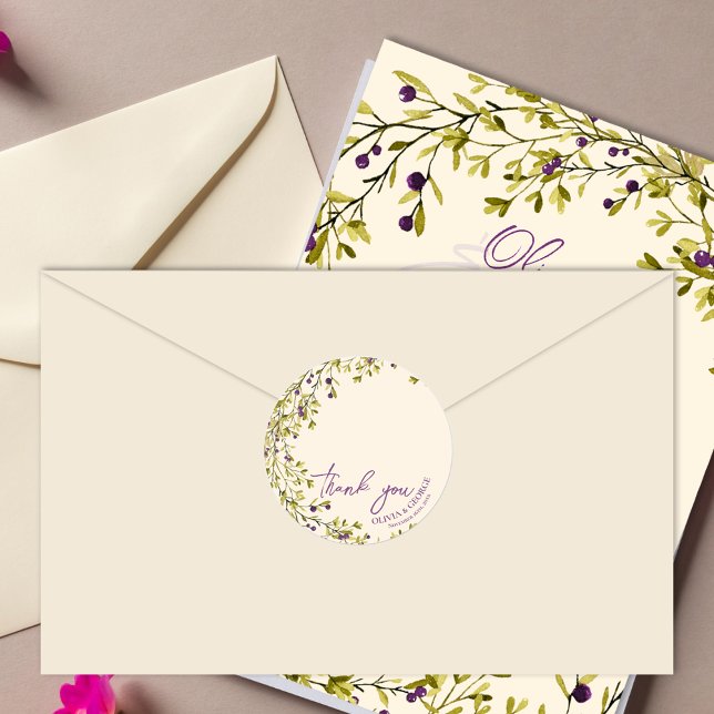 Adesivo Casamento Romântico Roxo e Azul Floral Obrigado (Romantic Purple & Blue Floral Wedding Thank You Classic Round Sticker)