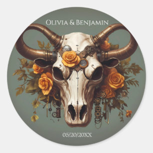 Adesivo Casamento Romântico Steampunk Floral Cow Skull