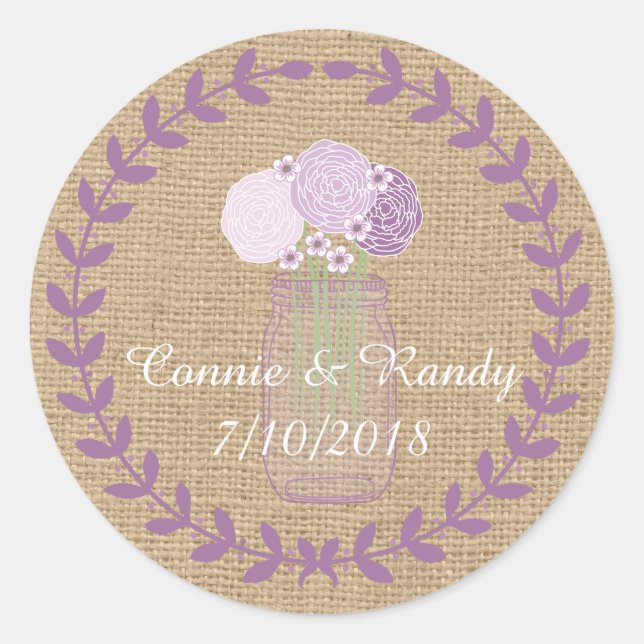 Adesivo Casamento Rustic Burlap e Purple Mason Jar Flowers (Frente)