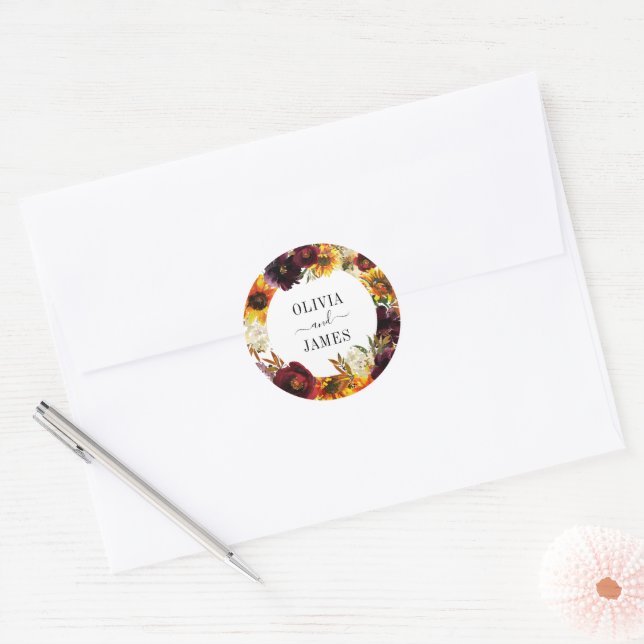 Adesivo Casamento Rustic Sunflower Rosa Burgundy Fall Wrea (Envelope)
