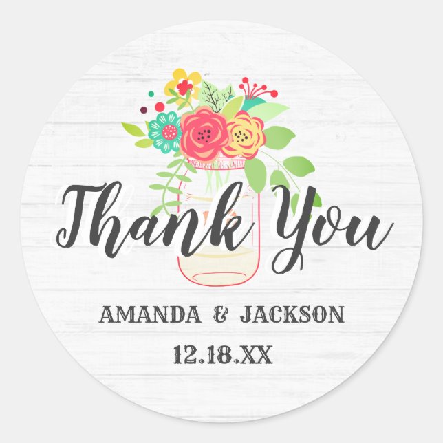 Adesivo Casamento Rustic White Wood & Mason Jar Obrigado (Frente)