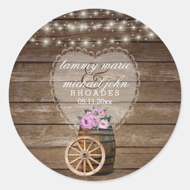 Adesivo Casamento Rustic Wood Barrel com Flores Rosa (Frente)