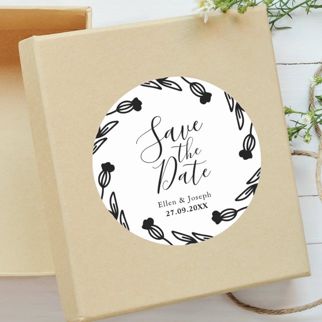 Adesivo Casamento Rústico com Flores Silvestres - Salve a  (Folk wildflower sticker makes wedding announcements feel cozy and beautifully personal.)