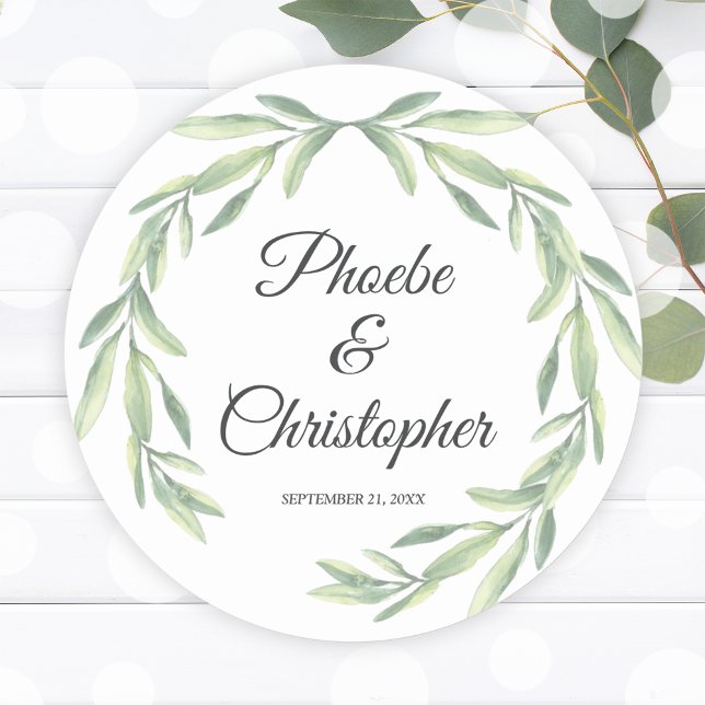 Adesivo Casamento Simples de Laurel Wreath Greenery (Simple Watercolor Laurel Wreath Greenery Wedding Classic Round Sticker)