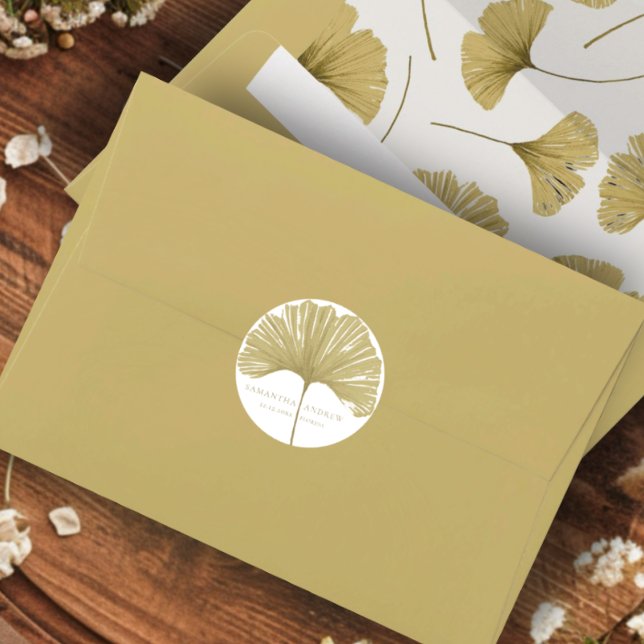 Adesivo Casamento Simples Faux Dourado Ginkgo Monograma (Criador carregado)