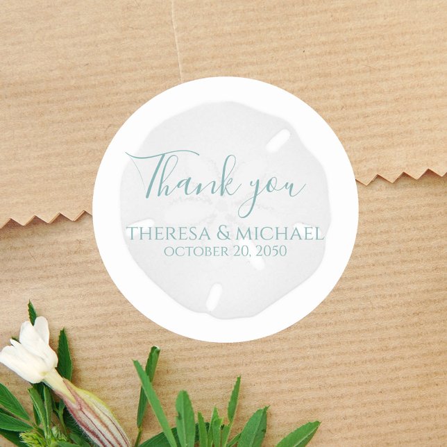 Adesivo Casamento Simples Obrigado Pão de praia (Thank you sand a dollar wedding favor sticker label. )