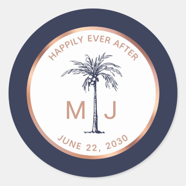 Adesivo Casamento Tropical de Rose Gold Monograma de Palme (Frente)