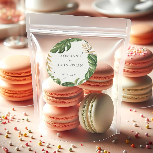 Adesivo Casamento Tropical Verde e Dourado de Aquarela (Green & Gold Watercolor Tropical Wedding Classic Round Sticker)