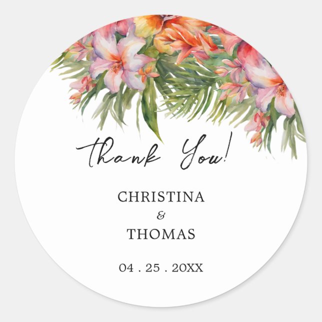 Adesivo Casamento Tropical Watercolor Obrigado (Frente)