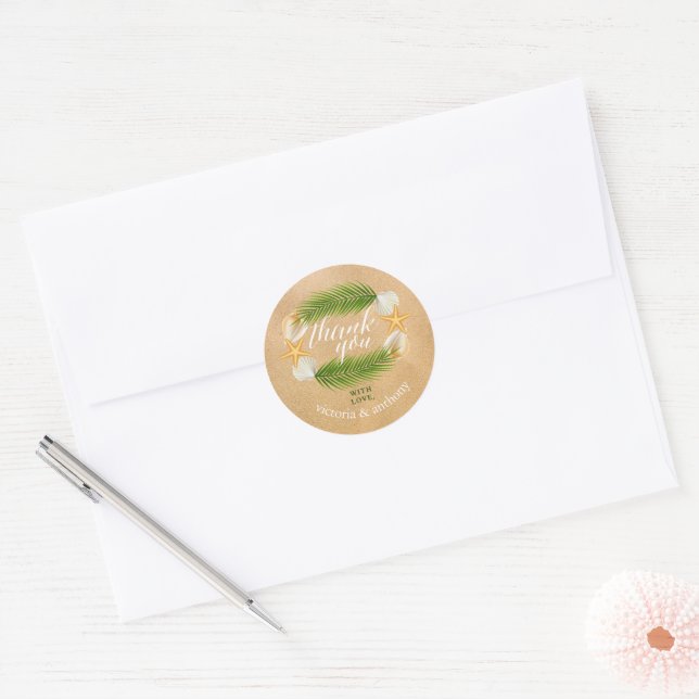 Adesivo Casamento Tropical Wreath Sandy Beach Obrigado (Envelope)