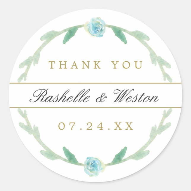 Adesivo Casamento Verde Azul Aquarela Obrigado Vinhetas (Frente)