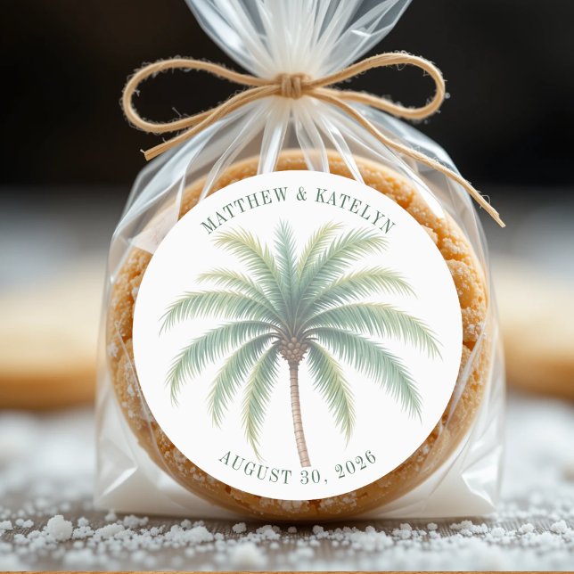 Adesivo Casamento Verde de Destino da Ilha Palm Tree (Palm Tree Island Destination Green Wedding Classic Round Sticker
)