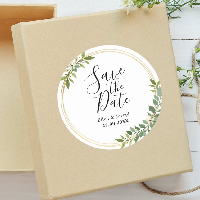 Adesivo Casamento Verde Rústico com Flores Selvagens - Sal (Green wedding save the date sticker brings rustic botanical beauty to wedding mail.)