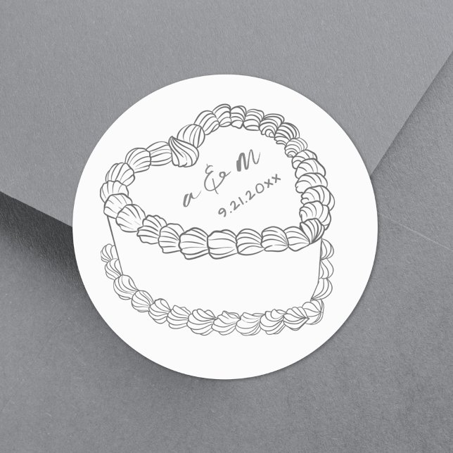 Adesivo Casamento Whimsical Com Bolo De Vintagem Desenhado (Hand Drawn Vintage Cake Whimsical Wedding Classic Round Sticker)