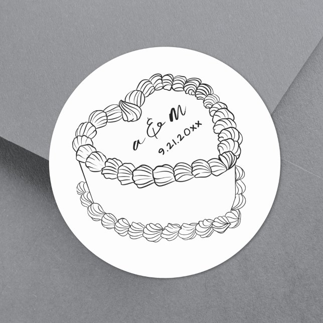 Adesivo Casamento Whimsical Com Bolo De Vintagem Desenhado (Hand Drawn Vintage Cake Whimsical Wedding Classic Round Sticker)