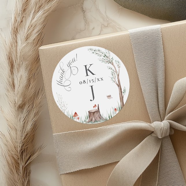 Adesivo Casamento Whimsical Da Árvore De Aquarela Obrigado (Watercolor whimsical trees forest mushroom botanical wedding monogram thank you favor gift sticker)
