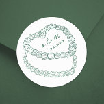 Adesivo Casamento Whimsical Verde De Bolo Vermelho Com A M<br><div class="desc">Vintage Cake Casado com Vintage. Estes adesivos de casamento redondos personalizados apresentam uma simples ilustração de bolo no estilo vintage no centro, revestidos com as iniciais do monograma do casal e a data de casamento para um toque eterno e elegante. O design minimalista usa uma mistura de fontes manuscritas e...</div>