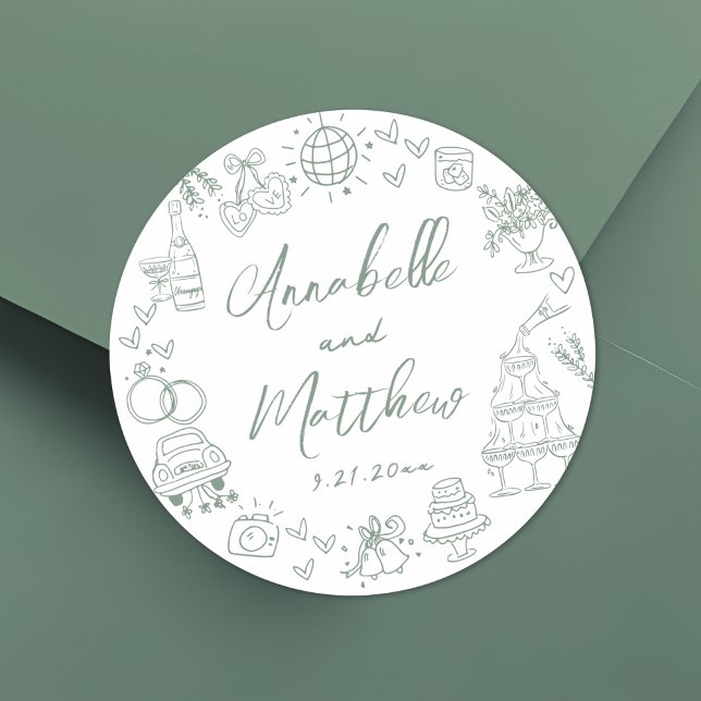 Adesivo Casamento Whimsical Verde Desenhado à Mão (Hand Drawn Green Whimsical Wedding Classic Round Sticker)